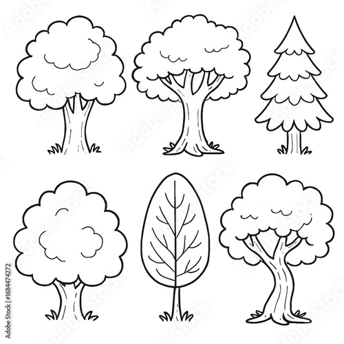 A black and white tree set illustration of a coloring page