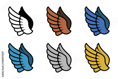 Colorful feathered wing set, layered outline and filled styles, retro badge icons, heraldic motifs, decorative angel wing illustrations, branding vectors