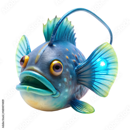 A whimsical, brightly colored anglerfish with a lure, isolated on a transparent background, showcasing its unique features and vibrant blue and green fins