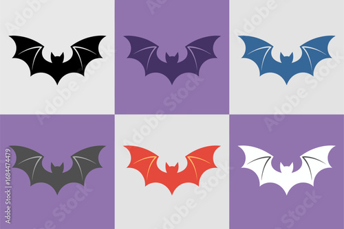 Cute cartoon bat faces and flying shapes, playful halloween icon set, colorful nocturnal creature illustrations, kids friendly spooky party graphics