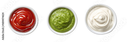 Three small white bowls filled with different sauces (1)