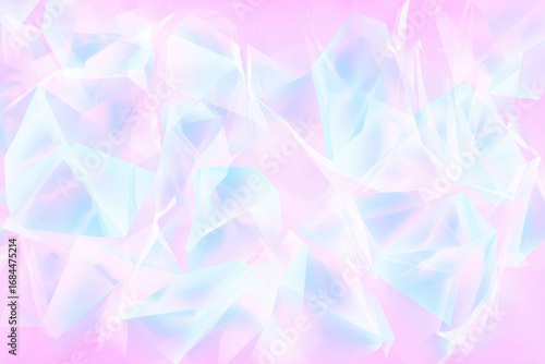 Pastel-colored abstract shapes, resembling crumpled paper or crystals, fill the frame