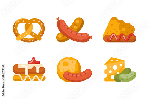 German street food vector pack, sausage pretzel mustard cheese pickles potato wedges, festival snack icons, traditional Bavarian food illustrations