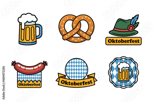 Oktoberfest icon set, beer mug pretzel sausage alpine hat badge, Bavarian blue lozenge emblem, party illustrations, vector graphics