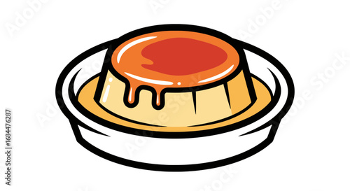 Delicious flan dessert in a bowl, sweet caramel custard pudding cartoon style icon
