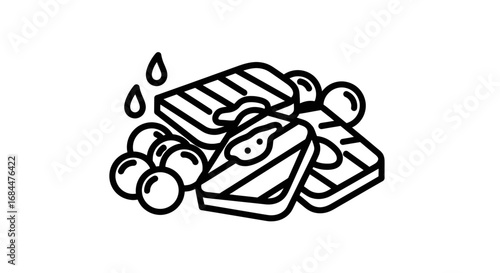 Illustration of black and white outline drawing depicts soap with bubbles ready for hygiene use
