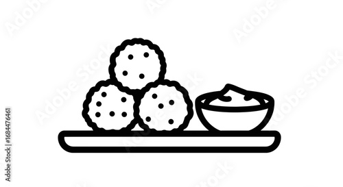 Minimalist Illustration of Falafel Balls with Tahini Sauce on a Plate in Black and White