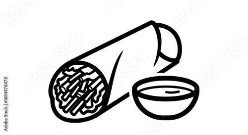 Minimalist line art illustration of a burrito wrap with dipping sauce for fast food menus