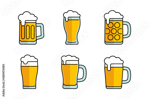 Frothy beer icon pack, cartoon stein mug pint glass, chilled beverage foamy head illustrations, party toast symbols, celebration vector collection set