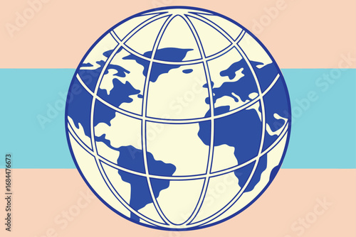 Globe with blue continents on a pastel background with stripes earth world