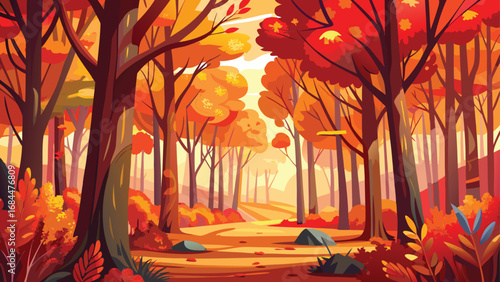 Sunlight filters through a beautiful autumn park, illuminating the fall foliage on the trees and creating a colorful landscape