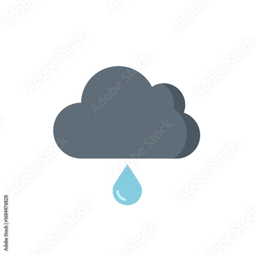 Rain Cloud Icon with Falling Blue Raindrop on White Background