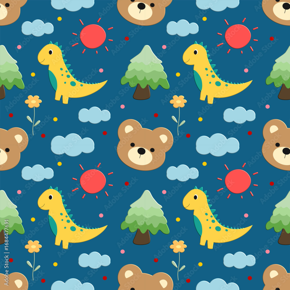 Fototapeta premium seamless pattern with bears and Dinosaur, fabric patterns, gift wrapping paper, notebook cover, phone case pattern 