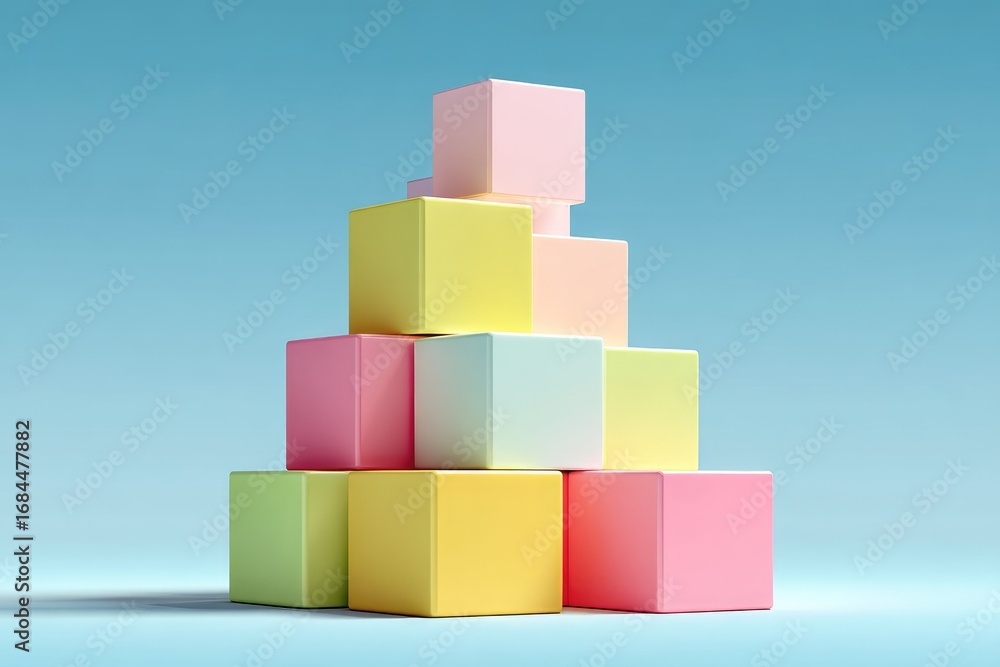 Obraz premium Pastel-colored cubes form a pyramid on a light blue background