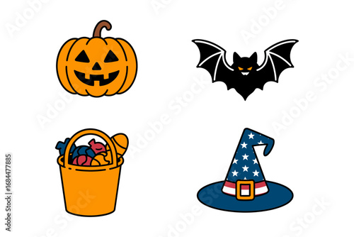 Pumpkin candy bucket and magician hat icons, trick or treat celebration set with spooky cat and festive autumn elements