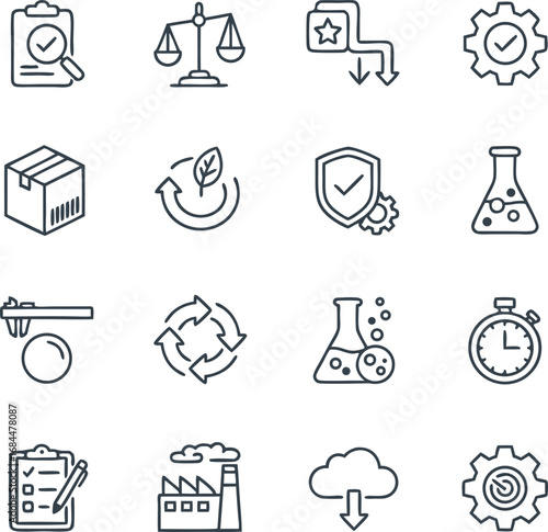 Modern business icons for quality control, logistics, science, and industry processes presented on white background