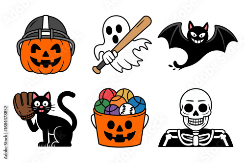 Athletic spooky icon collection, pumpkin ghost skeleton cat bat football baseball, Halloween sports celebration cartoon vector pack for creative holiday designs