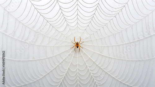 Close-up of a spider patiently waiting in the center of its intricate, dew-covered web under soft, diffused light