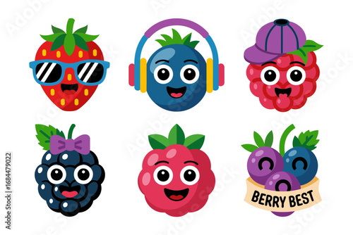 Berry mascot vector collection, smiling strawberry blueberry raspberry blackberries, playful fruit characters, headphones sunglasses accessories, colorful kawaii food stickers