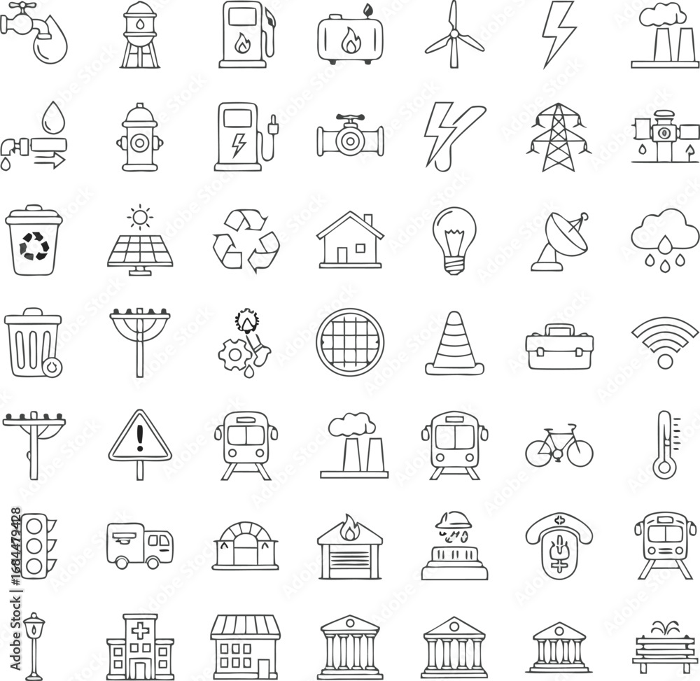 Fototapeta premium Modern icons collection symbolizing industry, infrastructure, energy, and city services for clean design