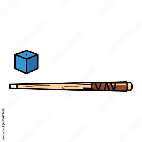 Simple illustration featuring a billiard cue alongside a blue chalk cube for accuracy