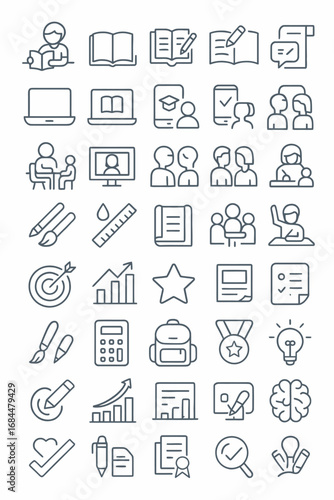 A complete set of minimalist line icons depicting household cleaning, domestic chores, and home organization themes