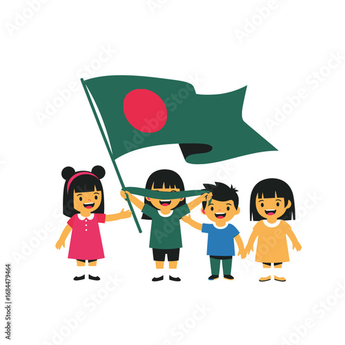 Celebration of national unity: children waving the Bangladesh flag with patriotic fervor