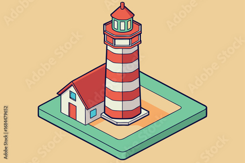 Isometric illustration of a lighthouse and house on a sandy platform beacon maritime