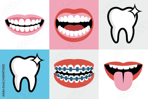 Orthodontic tooth health illustrations, braces smiling teeth open mouth tongue, cavity prevention icons, dental treatment vector for clinic use