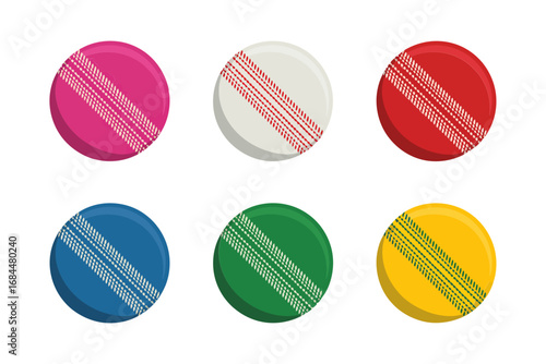 Round stitched ball icons, cricket seam variations in bright palette, isolated sport elements, circular game tokens, field equipment graphics