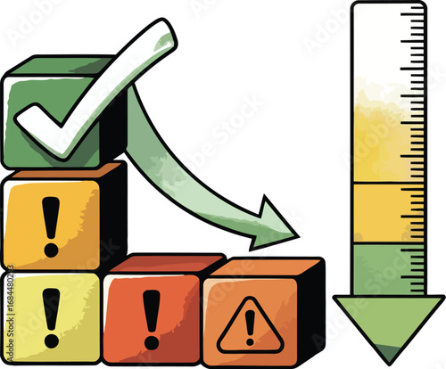 Risk Mitigation and Success: Illustrative depiction of risk mitigation, depicting cubes with warning signs being replaced by a green checkmark, with a downward trend.