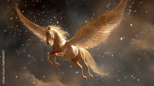 A galloping wild stallion silhouette with a flowing mane stands against the desert night sky, a stylized vector art illustration