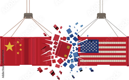 Trade War Container Clash: A symbolic representation of trade disputes and economic tension, featuring container ships with national flags colliding.