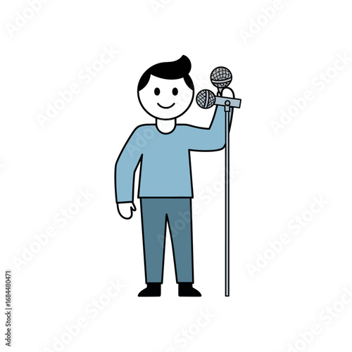Cartoon orator with retro microphones delivering an enthusiastic speech or performance