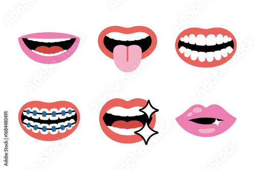 Cute mouth sticker pack, braces gummy smile, puckered lips, tongue clipart, orthodontic before after icons, fun dental cartoon illustrations