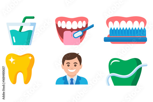 Oral hygiene tool icon set, manual electric toothbrush, toothpaste tube, mouthwash cup, sparkling tooth symbol, dentist, floss rinse illustrations pack