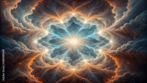 Symmetrical Cosmic Nebula Flower with Glowing Orange and Blue Hues space cosmos
