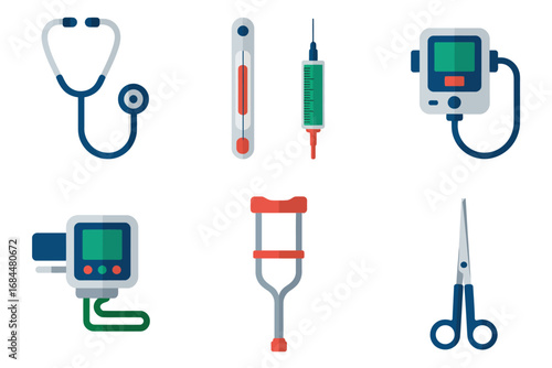 Medical equipment icon collection, stethoscope thermometer syringe, blood pressure monitor, crutch, scissors, infusion pump, thermometry and clinical tool illustrations set