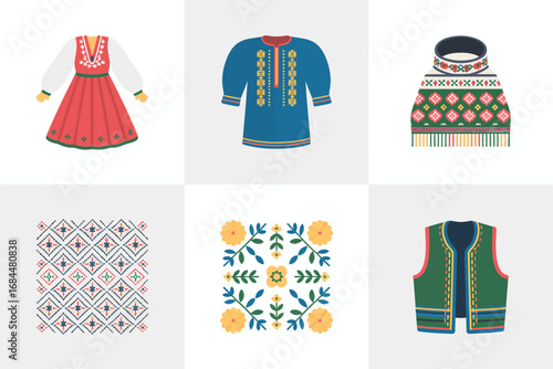 Ethnic clothing motifs, decorative vest sweater dress icons, embroidered floral patterns, textile panels, folk ornament designs, cultural costume illustration set