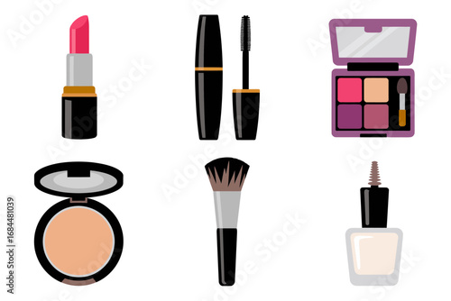 Makeup and cosmetic icons, lipstick brush compact blush, powder nail polish, mascara tube, beauty vector set, glam essentials for women illustration