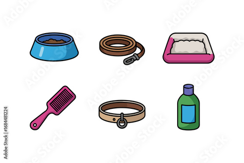 Pet care essentials icon set, dog bowl collar brush shampoo, litter box, grooming accessories vector pack, pet supplies illustrations collection