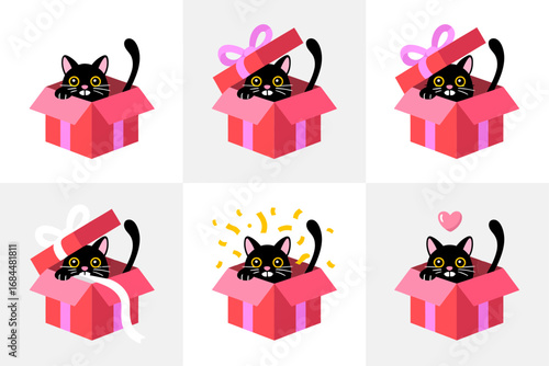 Cute black cat popping from pink gift box, birthday surprise kitten stickers, playful party mascot, celebration vector illustration set