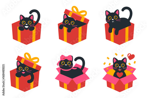 Playful kitten present icon set, cat in gift box hearts confetti ribbons, adorable party pet stickers, birthday surprise mascot collection