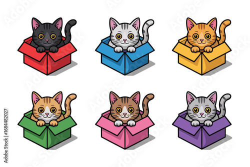 Realistic kitten portrait icons in colorful gift boxes, playful pet mascots, birthday celebration elements, cute animal vector pack