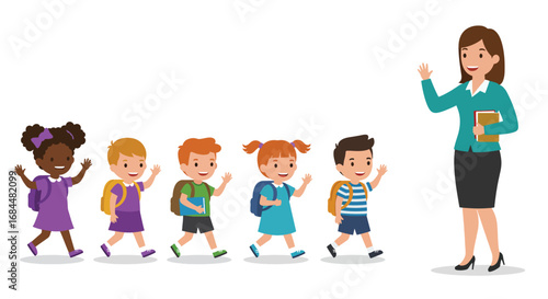 Teacher Leading Diverse Group of Young Students to School.