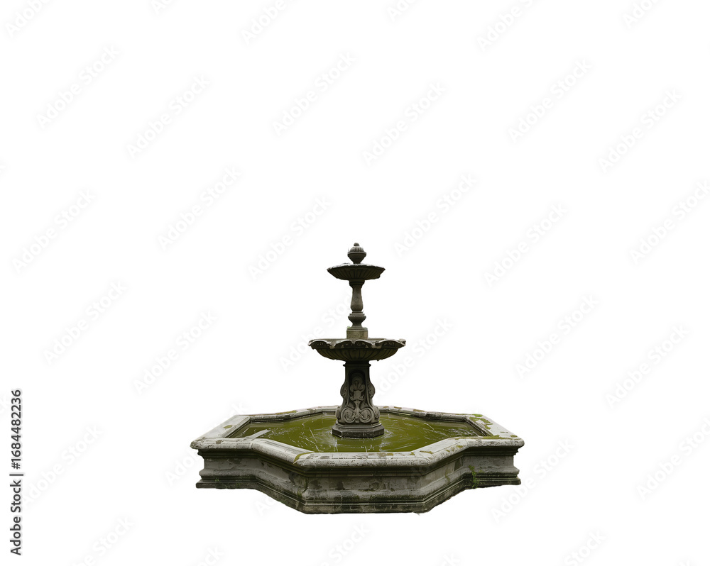 Obraz premium Ancient Stone Fountain with Algae Infused Water on an Isolated Aesthetic Minimalist Design