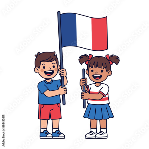 Children joyfully waving the flag of France with patriotic fervor and national pride celebrating