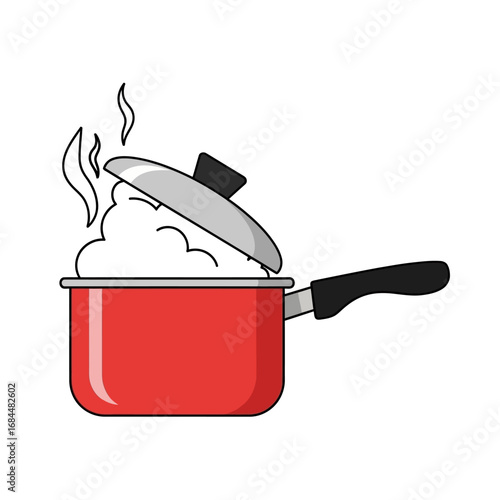 Stylized red saucepan with billowing steam and lid creates a cooking ambiance scene