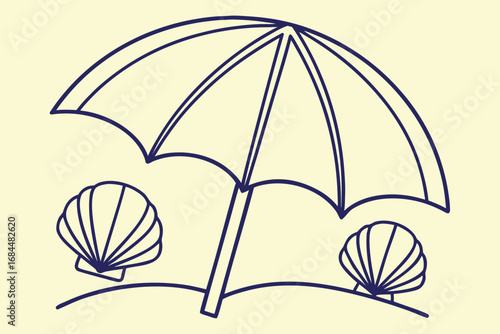 Outline Drawing of a Beach Umbrella with Seashells on Yellow Background sunshade sand
