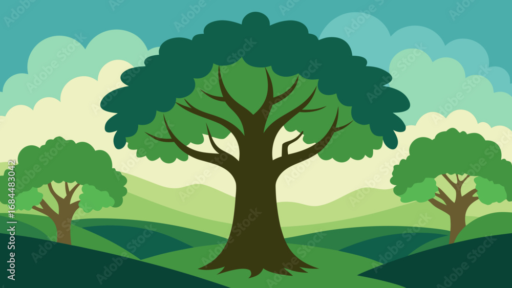 Naklejka premium Stately Oak Forest Nature Vector Illustration Grand Tree Landscape Artwork